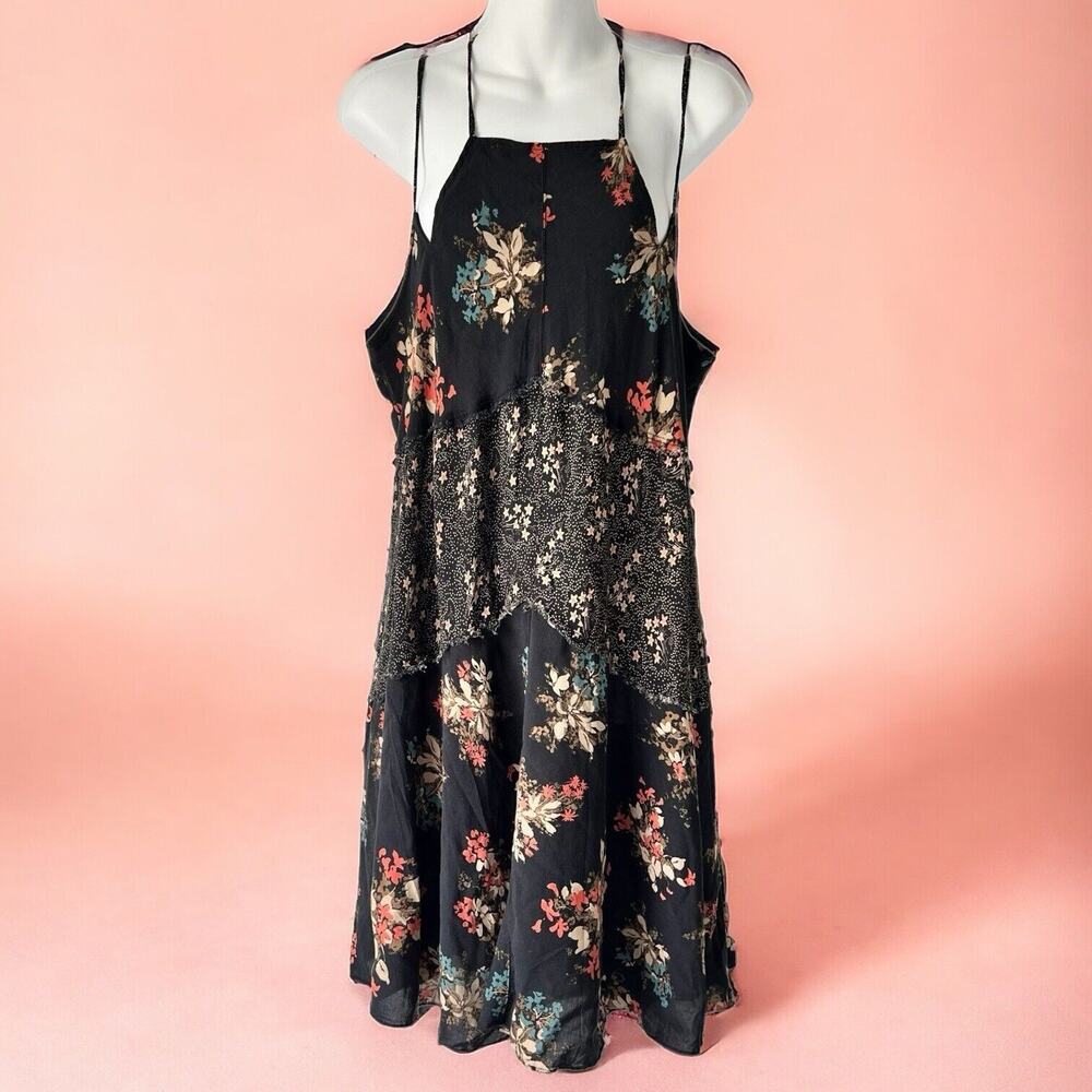 Free People Intimately Floral Sun Dress Large Black Coral Teal Boho Pretty!